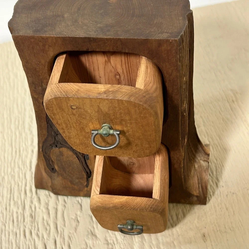 Western Post Holes Wood Jewelry Box 8in Brown Rustic Tree Stump 2 Drawer Trinket